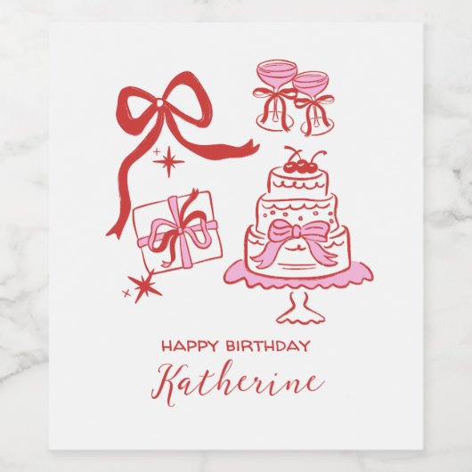 Whimsical Red Pink Hand Drawn Birthday Party ワインラベル (シングルラベル)