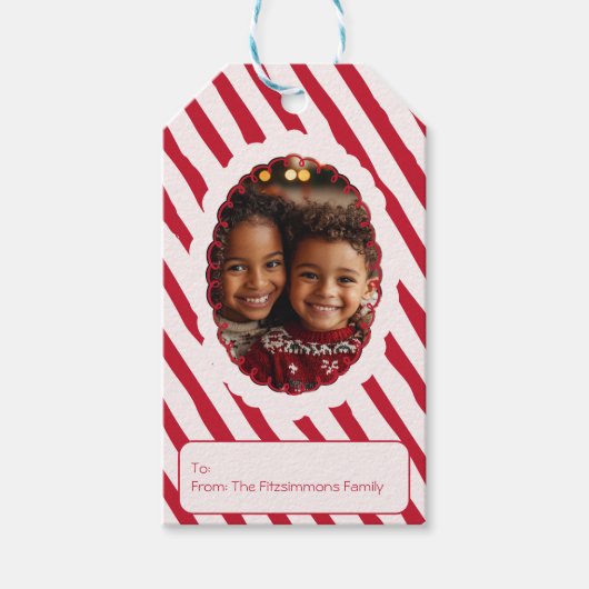 Whimsical Red & Pink Stripe Christmas Photo ギフトタグ (正面)