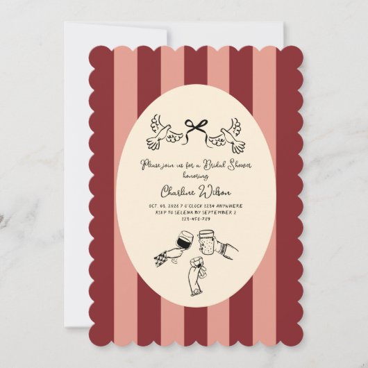 Whimsical Red Pink Striped Scribble Bridal Shower 招待状 (正面)
