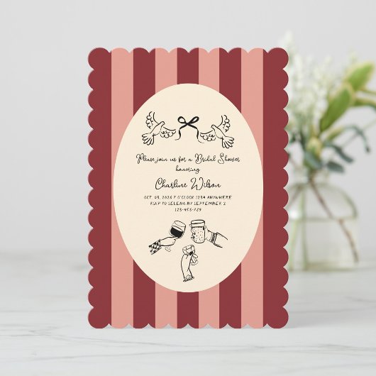 Whimsical Red Pink Striped Scribble Bridal Shower 招待状