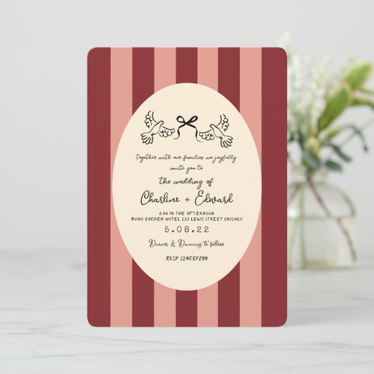 Whimsical Red Pink Striped Scribble  Wedding  招待状 (スタンド正面)