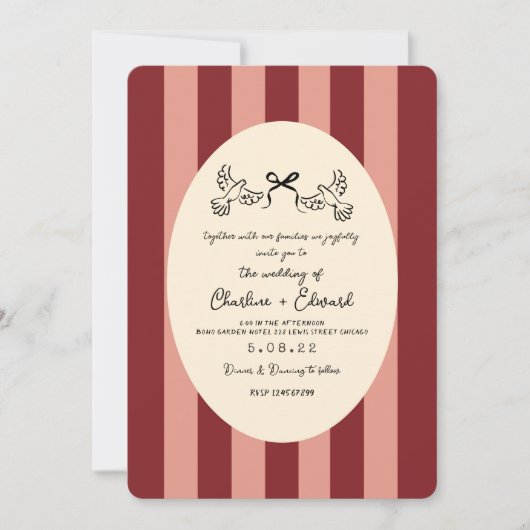 Whimsical Red Pink Striped Scribble  Wedding  招待状 (正面)