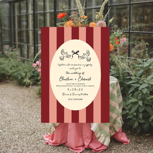 Whimsical Red Pink Striped Scribble  Wedding  招待状