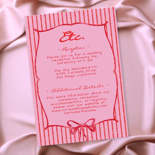 Whimsical Red Pink Watercolor Bow Stripe Wedding エンクロージャーカード