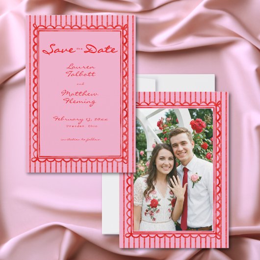 Whimsical Red Pink Watercolor Stripe Photo Wedding セーブザデート
