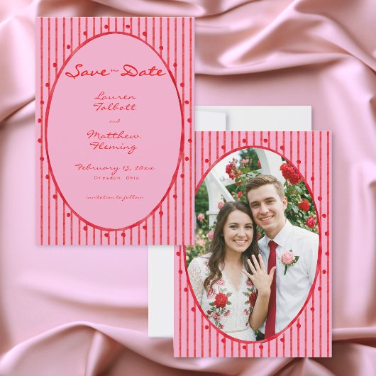 Whimsical Red Pink Watercolor Stripe Photo Wedding セーブザデート