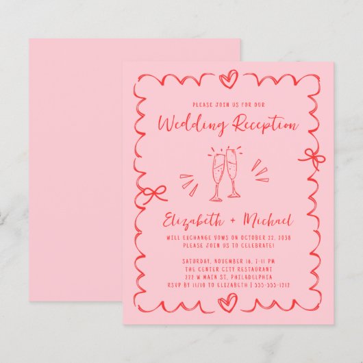 Whimsical Red Pink Wedding Reception Invitation (正面/裏面)
