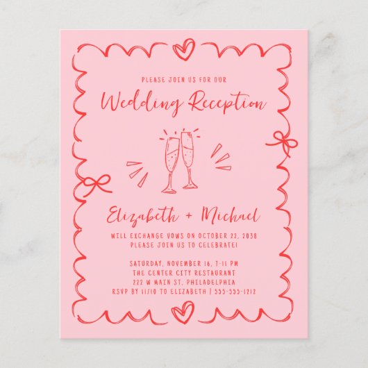 Whimsical Red Pink Wedding Reception Invitation (正面)