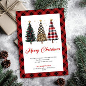 Whimsical Red Plaid Christmas Tree Leopard Pattern シーズンカード