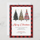 Whimsical Red Plaid Christmas Tree Leopard Pattern シーズンカード (正面)