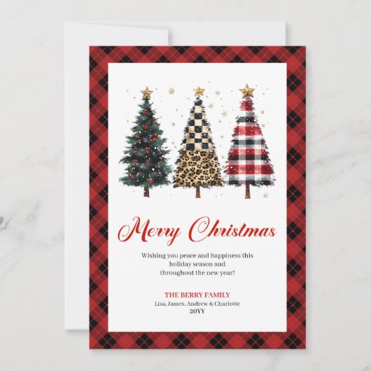 Whimsical Red Plaid Christmas Tree Leopard Pattern シーズンカード (正面)