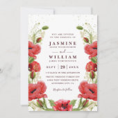 Whimsical Red Poppies Floral Chic QR Code Wedding 招待状 (正面)