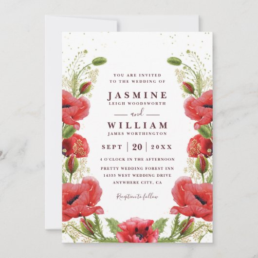 Whimsical Red Poppies Floral Chic QR Code Wedding 招待状 (正面)