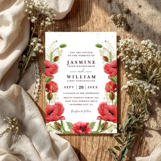 Whimsical Red Poppies Floral Chic QR Code Wedding 招待状