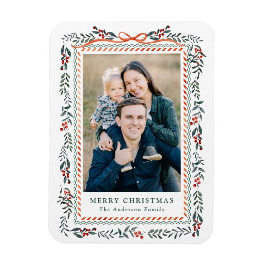 Whimsical Red Ribbon and Greenery 2 Photo マグネット (縦)