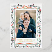 Whimsical Red Ribbon and Greenery 2 Photo 箔シーズンカード (正面)