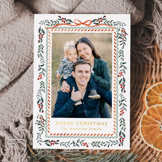 Whimsical Red Ribbon and Greenery 2 Photo 箔シーズンカード