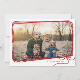 Whimsical Red Ribbon Frame Holiday Photo カード