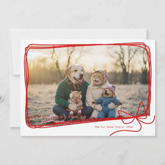 Whimsical Red Ribbon Frame Holiday Photo カード (正面)
