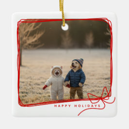 Whimsical Red Ribbon Frame Holiday Photo セラミックオーナメント