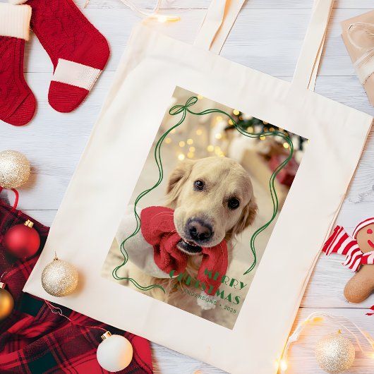 Whimsical Red Ribbon Merry Christmas Pet Photo トートバッグ