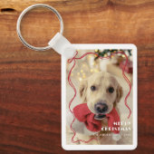Whimsical Red Ribbon Pet Photo Merry Christmas キーホルダー (正面)