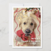 Whimsical Red Ribbon Pet Photo Merry Christmas シーズンカード (正面)
