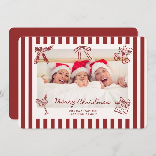 Whimsical Red Striped Family Photo Christmas Card  招待状 (正面/裏面)