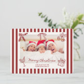 Whimsical Red Striped Family Photo Christmas Card  招待状 (スタンド正面)