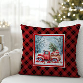 Whimsical red truck Christmas scene rustic festive クッション
