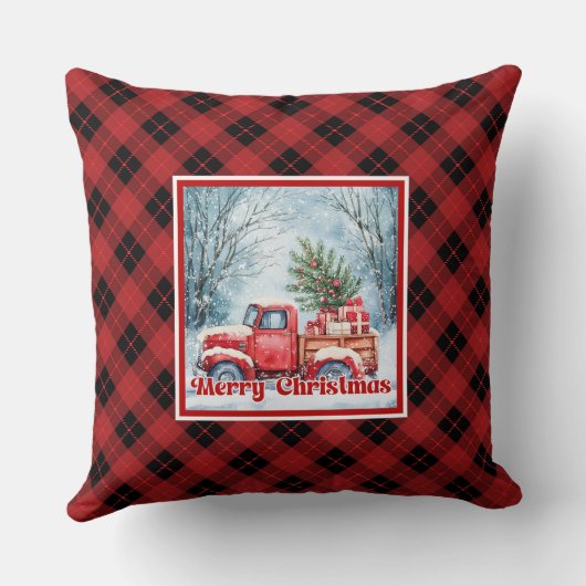 Whimsical red truck Christmas scene rustic festive クッション (裏面)
