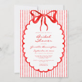 Whimsical Red Watercolor Bow Stripe Bridal Shower 招待状 (正面)