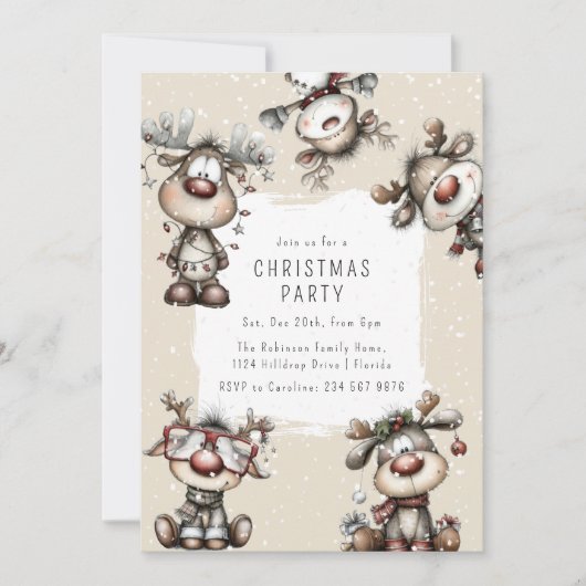 Whimsical Reindeer Christmas Party 招待状 (正面)