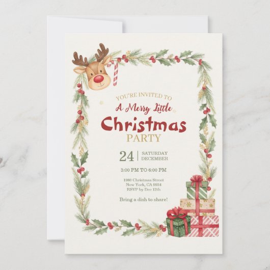Whimsical Reindeer Christmas Party Invitation 招待状 (正面)