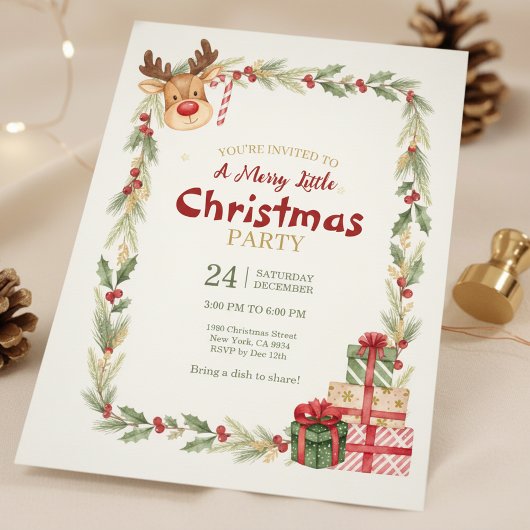Whimsical Reindeer Christmas Party Invitation 招待状