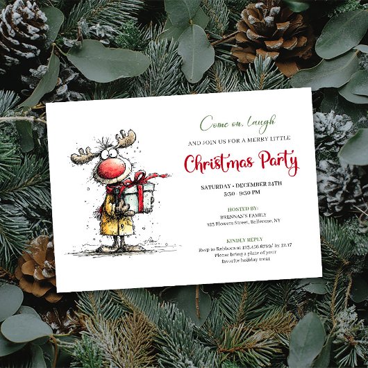 Whimsical Reindeer Digital Christmas Party Card 招待状