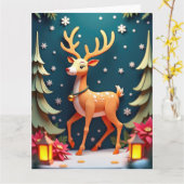 Whimsical Reindeer in Snowy Forest Christmas Art カード (黄色い花)