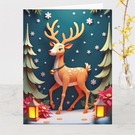 Whimsical Reindeer in Snowy Forest Christmas Art カード (黄色い花)