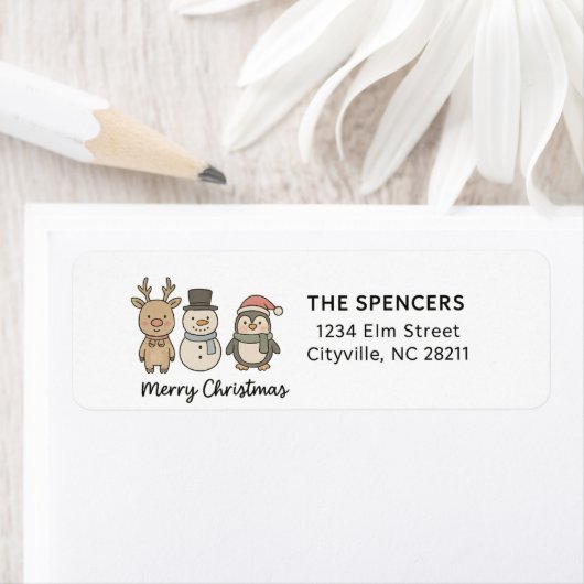 Whimsical Reindeer, Snowman & Penguin Christmas ラベル (インサイチュ)