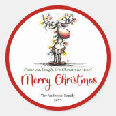 Whimsical reindeer sticker cartoon Christmas charm ラウンドシール (正面)