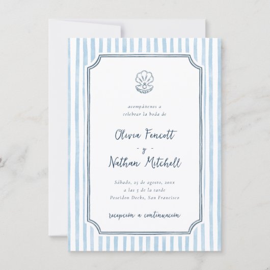 Whimsical Retro Blue Stripes Spanish Wedding 招待状 (正面)