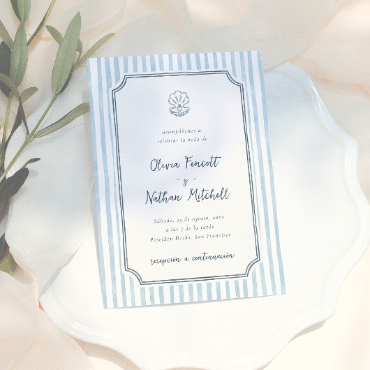 Whimsical Retro Blue Stripes Spanish Wedding 招待状