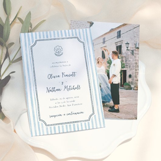 Whimsical Retro Blue Stripes Spanish Wedding 招待状