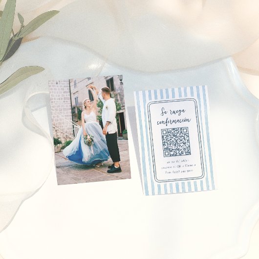 Whimsical Retro Blue Stripes Spanish Wedding RSVP エンクロージャーカード