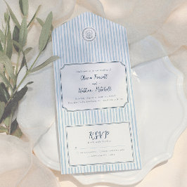 Whimsical Retro Blue Stripes Wedding オールインワン招待状