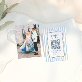 Whimsical Retro Blue Stripes Wedding RSVP  エンクロージャーカード