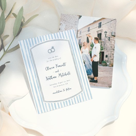 Whimsical Retro Blue Stripes Wedding Save the Date セーブザデート