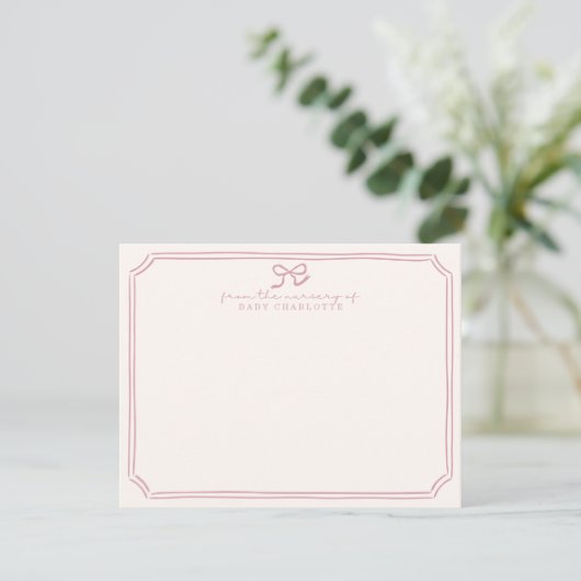 Whimsical retro Pink Bow Nursery Note Card 招待状 (スタンド正面)