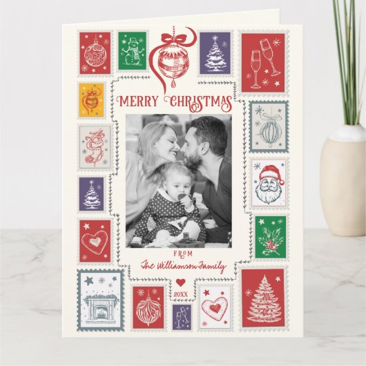 Whimsical Retro Stamp Christmas Illustration Photo カード (正面)