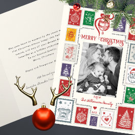 Whimsical Retro Stamp Christmas Illustration Photo カード